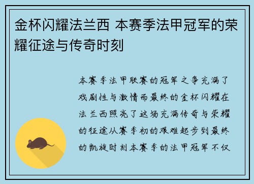 金杯闪耀法兰西 本赛季法甲冠军的荣耀征途与传奇时刻