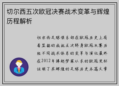 切尔西五次欧冠决赛战术变革与辉煌历程解析